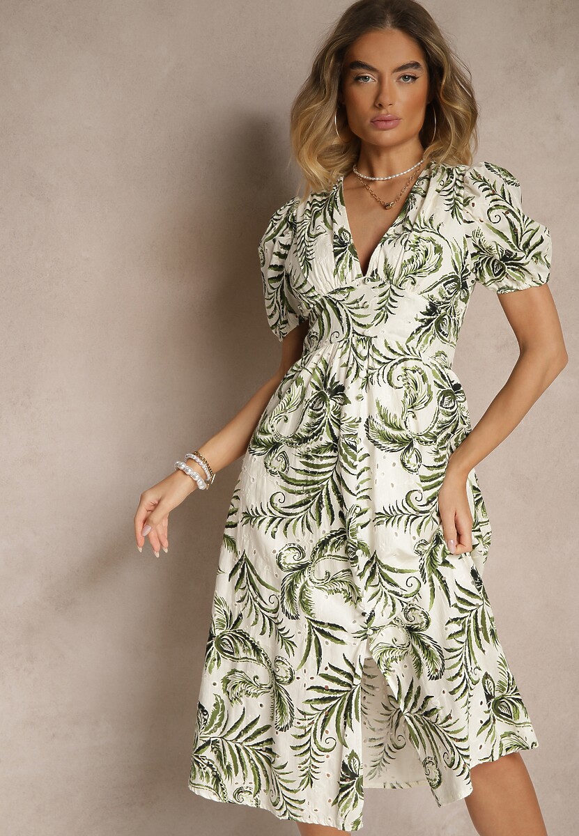 Zielona Sukienka o Rozkloszowanym Kroju z Dekoltem w Serek w Roślinny Print Evilessa