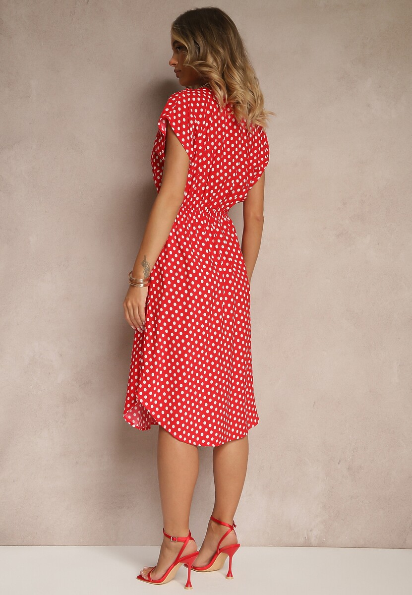 Czerwona Sukienka z Bawełny o Rozkloszowanym Kroju z Gumką w Talii Emilla