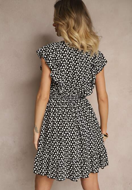 Czarna Bawełniana Sukienka o Rozkloszowanym Kroju z Guzikami w Kwiatowy Wzór Roniva