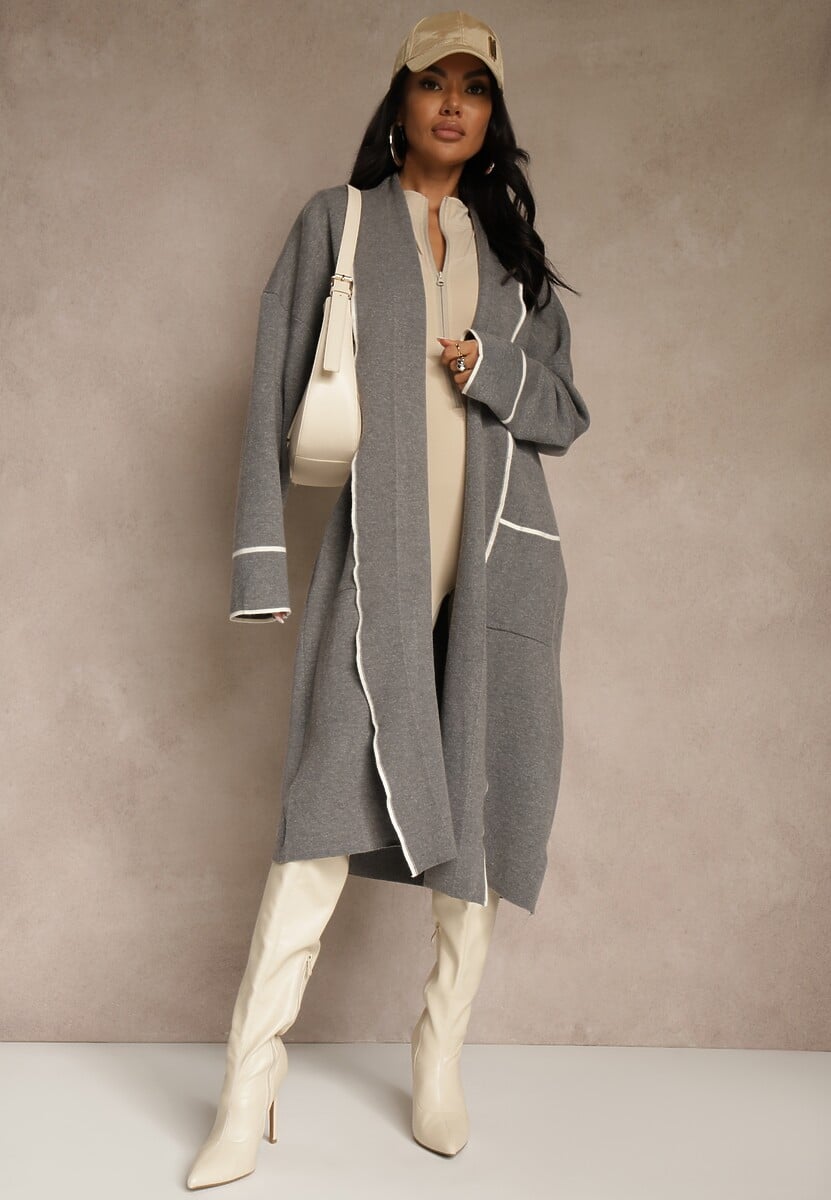 Beżowy Niezapinany Kardigan o Długim Kroju z Lamówką Venisse