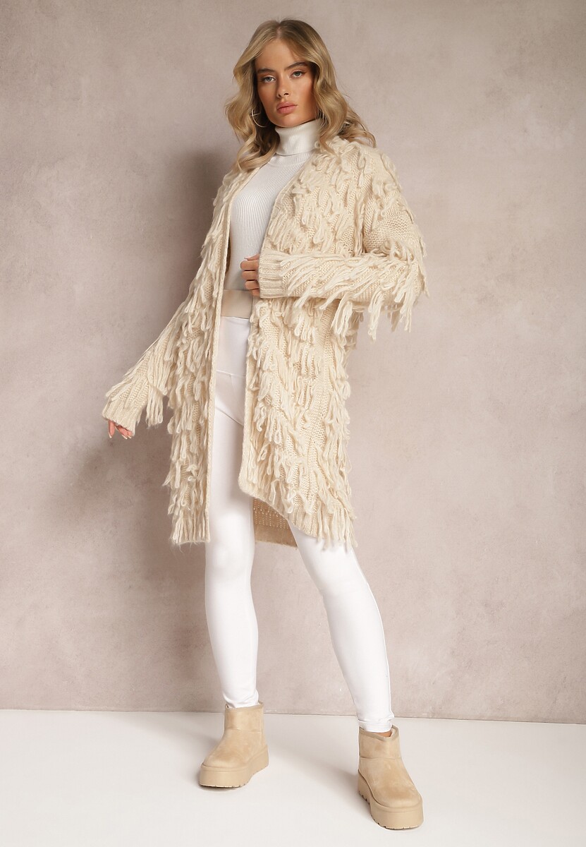 Jasnobeżowy Niezapinany Kardigan w Ozdobne Frędzle Massawa