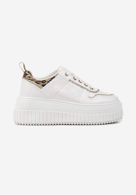 Biało-Brązowe Sznurowane Sneakersy na Platformie Ozdobione Panterką Ivenora