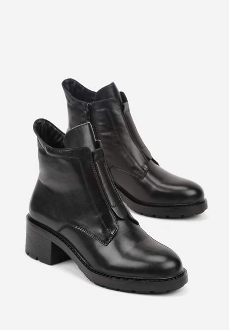 Czarne Botki ze Skóry Naturalnej na Słupku Ozdobione Przeszyciami Deleisa