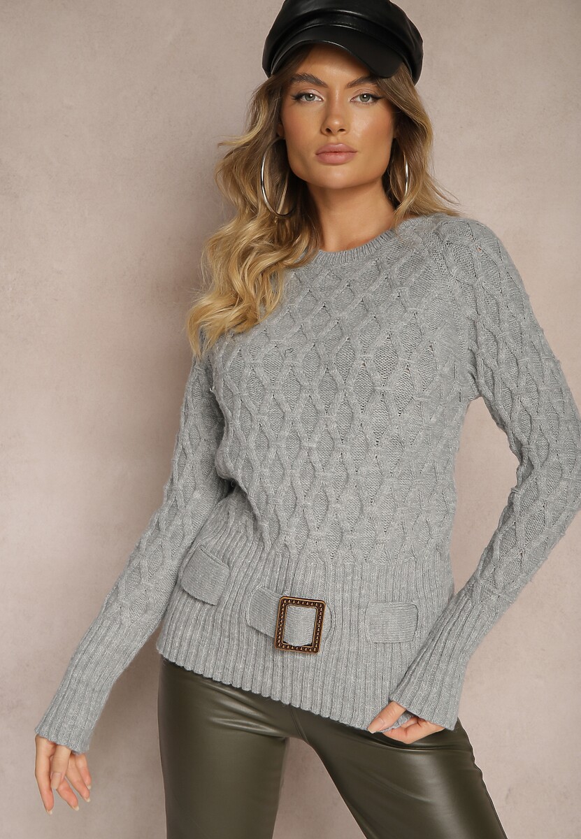 Szary Sweter w Delikatny Splot z Ozdobną Klamrą i Paskiem na Dole Rievea