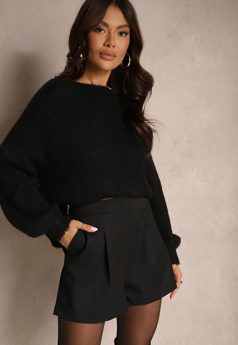 Czarne Szorty High Waist z Wiskozą o Garniturowym Kroju z Zakładkami Zavierisa