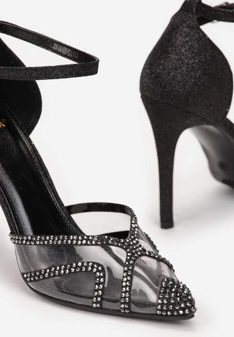 Czarne Brokatowe Szpilki z Transparentnym Noskiem i Cyrkoniami Zale