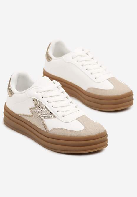 Złoto-Białe Sneakersy w Stylu Tenisówek Ozdobione Geometrycznym Wzorem Tolivanna