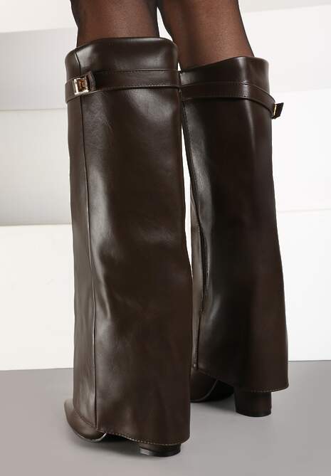 Brązowe Kozaki na Obcasie z Modnie Wywiniętą Cholewką Nartani