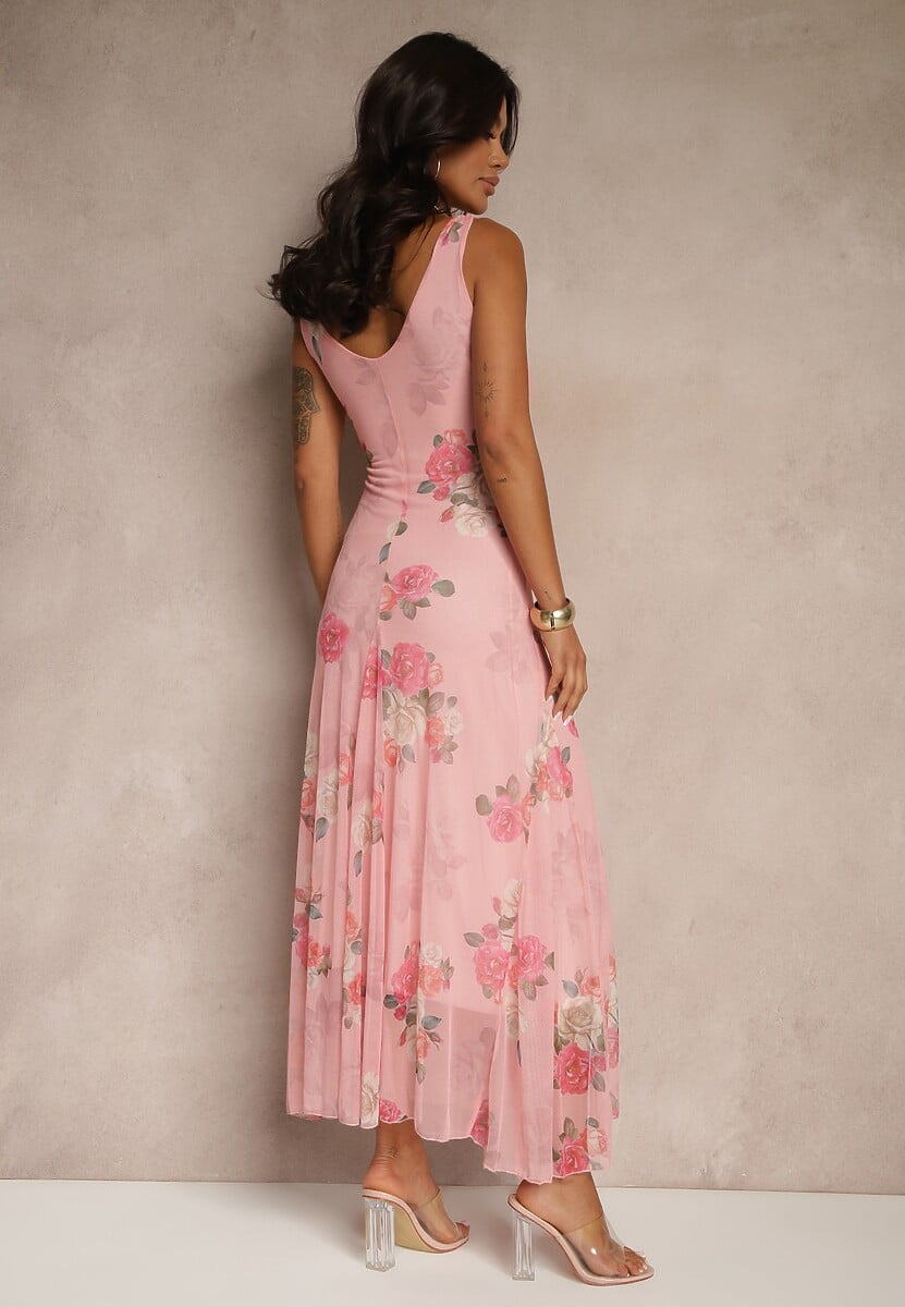 Różowa Sukienka Siateczkowa w Kwiaty Milosea