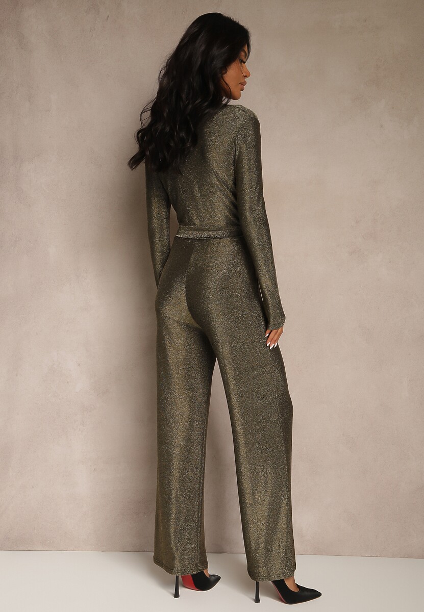 Złoty Kopertowy Kombinezon z Wiskozą Wiązany w Talii Paskiem Temionna