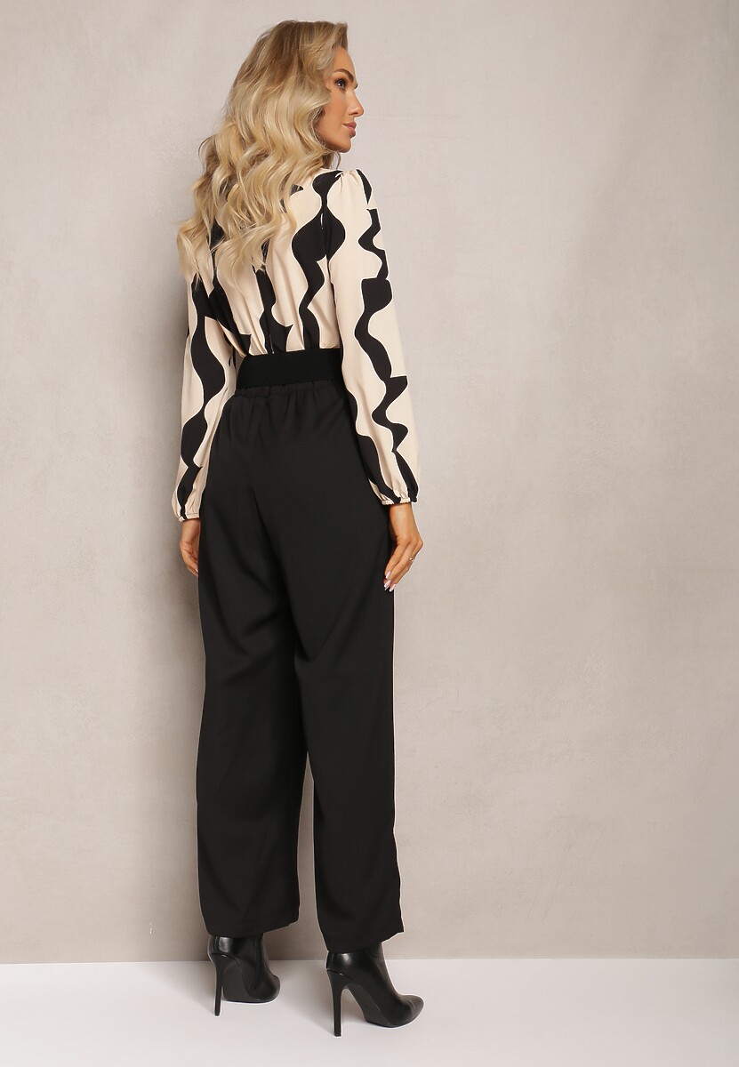 Beżowy Długi Kombinezon z Paskiem i Kopertowym Dekoltem Johnatho