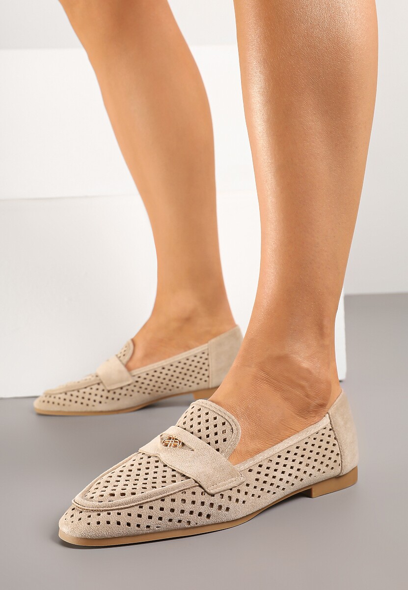 Ciemnobeżowe Klasyczne Mokasyny z Ażurową Cholewką Neovellea