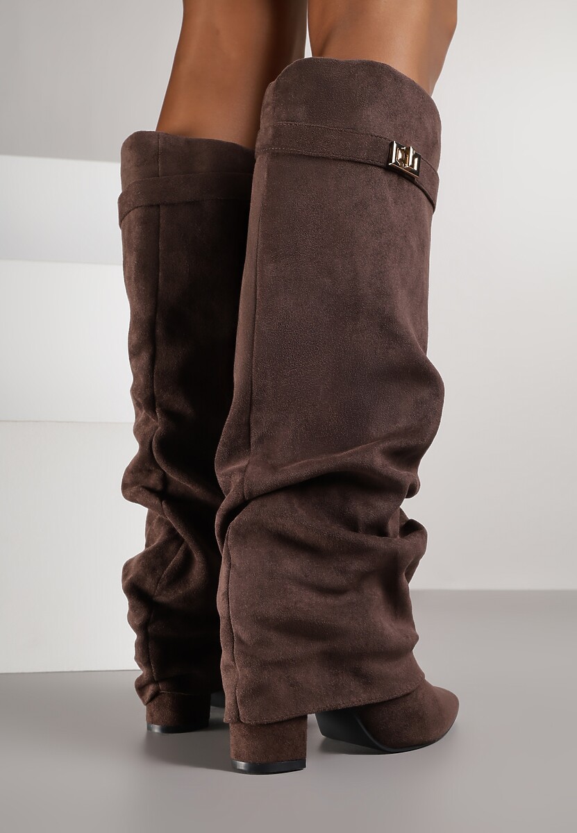 Brązowe Marszczone Kozaki na Słupkowym Obcasie z Wywiniętą Cholewką Runella