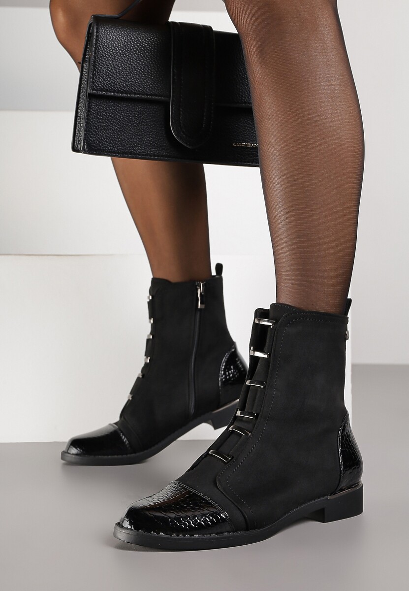 Czarne Botki Vices Lakierowane Ozdobione Tłoczonymi Elementami Typu Krokodyl Olema