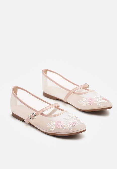 Różowe Balerinki Transparentne w Stylu Mary Jane z Kwiatowymi Zdobieniami Nelritia