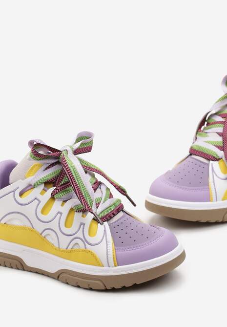 Żółto-Fioletowe Sneakersy Ozdobione Brokatem z Oryginalnym Sznurowaniem Patricie