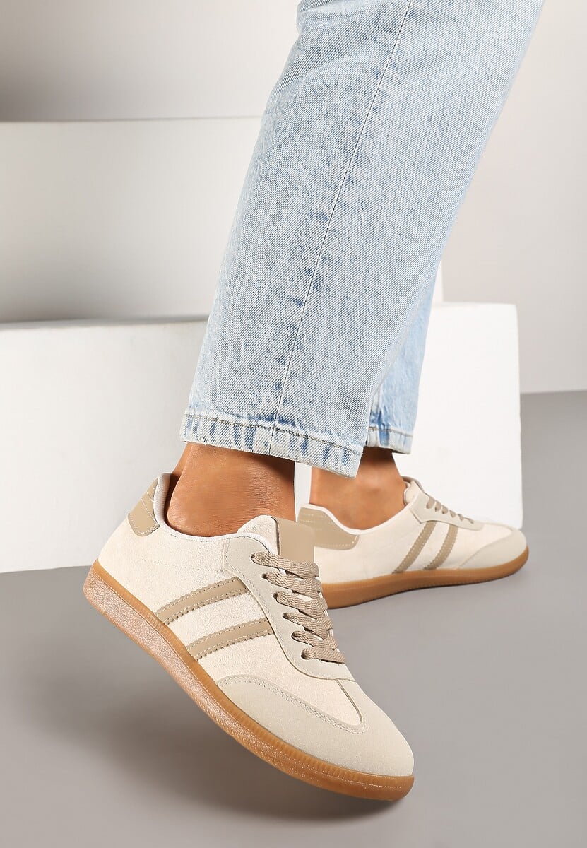 Beżowe Casualowe Sneakersy z Ekozamszu na Płaskiej Podeszwie Pemeriana