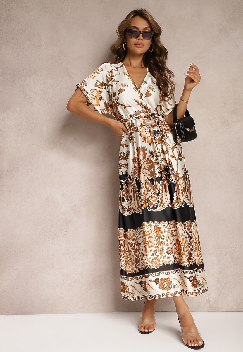 Czarno-Kremowa Kopertowa Sukienka Maxi z Gumką w Talii i Rozkloszowanym Dołem Jeanina