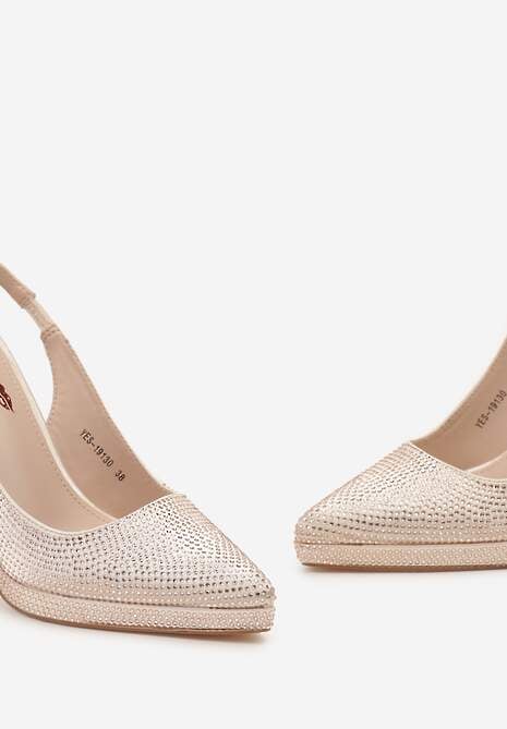 Beżowe Satynowe Sandały na Szpilce i Grubej Podeszwie z Ozdobnymi Cyrkoniami Lenaqia