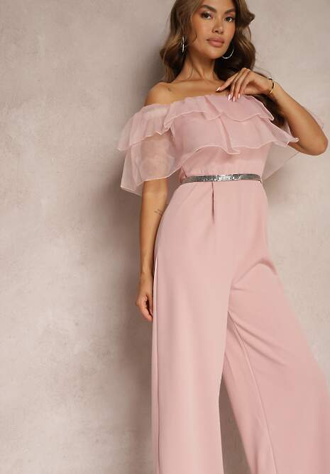 Ciemnoróżowy Koktajlowy Kombinezon z Falbanką przy Dekolcie bez Rękawów Tessita