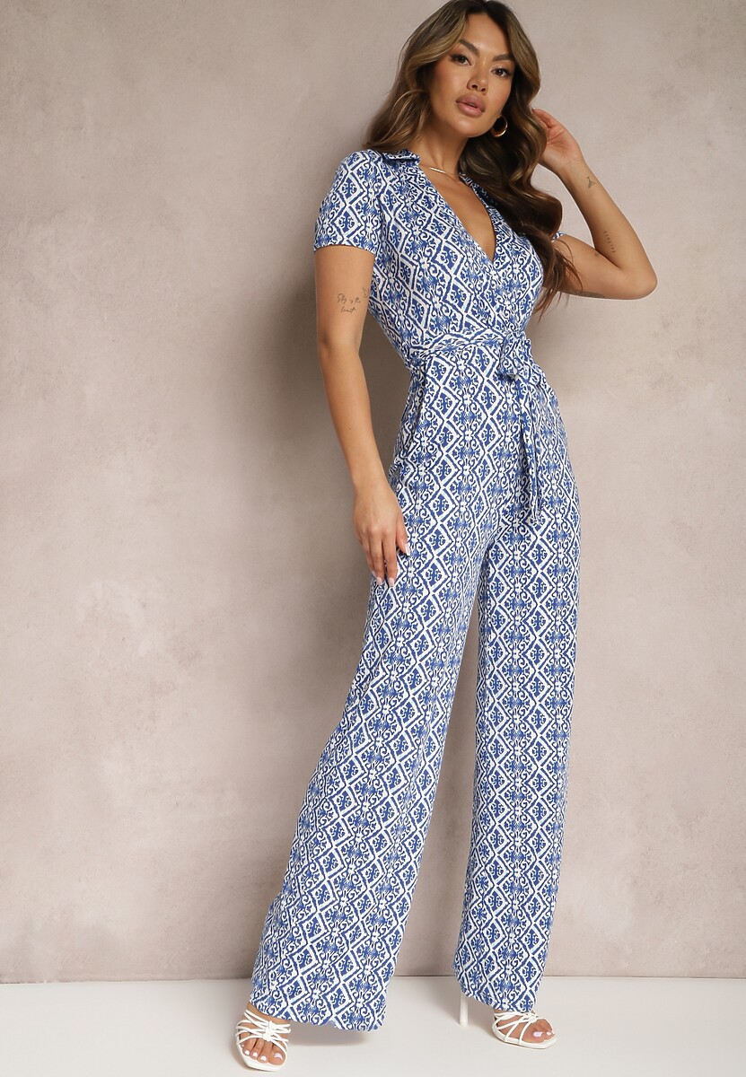 Czarno-Biały Mozaikowy Kombinezon z Trójkątnym Dekoltem i Prostymi Nogawkami Nisseria