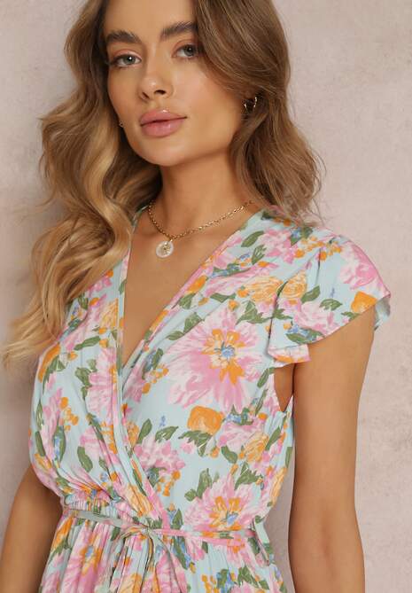 Jasnoniebieska Sukienka Kopertowa z Gumką w Pasie w Kwiaty Toma