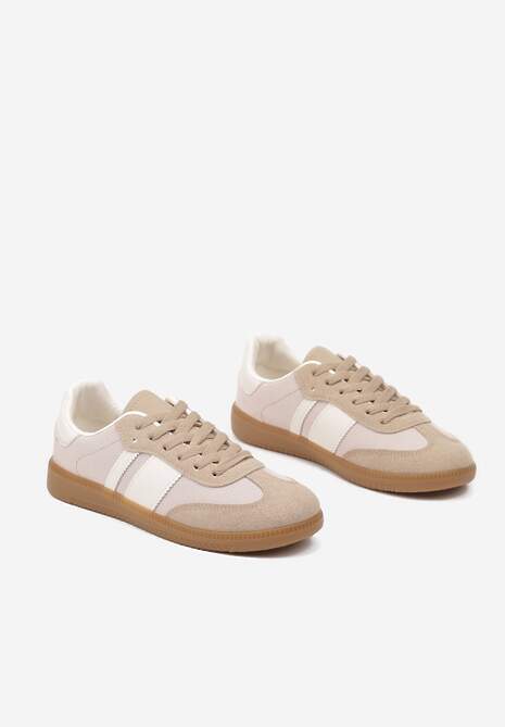 Ciemnobeżowe Sneakersy na Kauczukowej Podeszwie Ozdobione Paskami Emidi