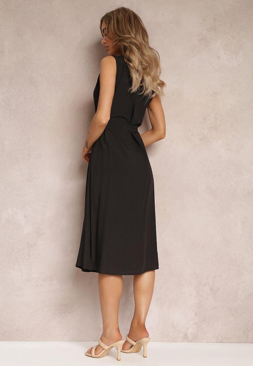 Czarna Trapezowa Sukienka Midi bez Rękawów z Wiązanym Paskiem Ajana