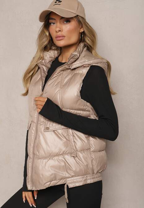 Beżowa Pikowana Kamizelka z Troczkami i Odpinanym Kapturem Arrelarra