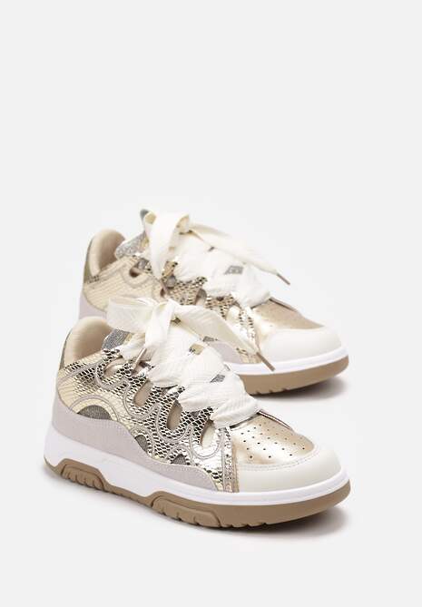 Złote Sneakersy Ozdobione Brokatem z Oryginalnym Sznurowaniem Patricie