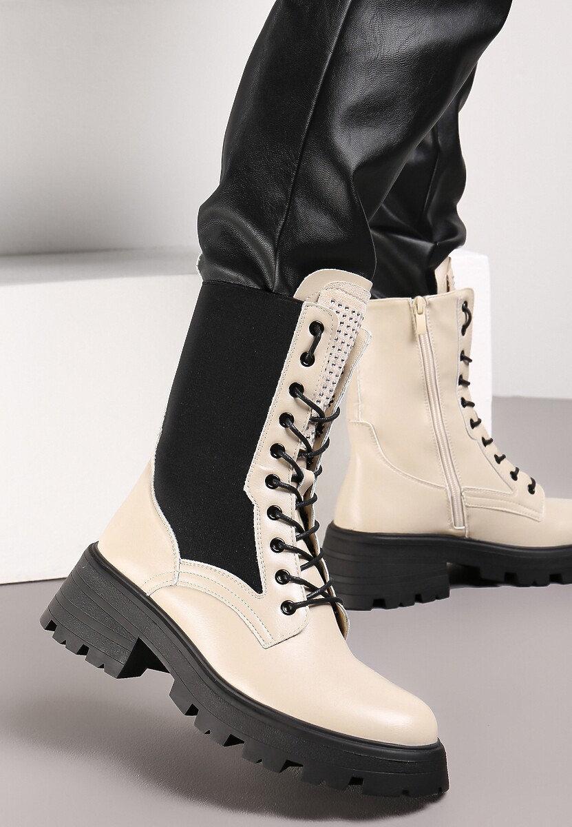 Beżowe Botki  Workery z Elastyczną Cholewką Lasile