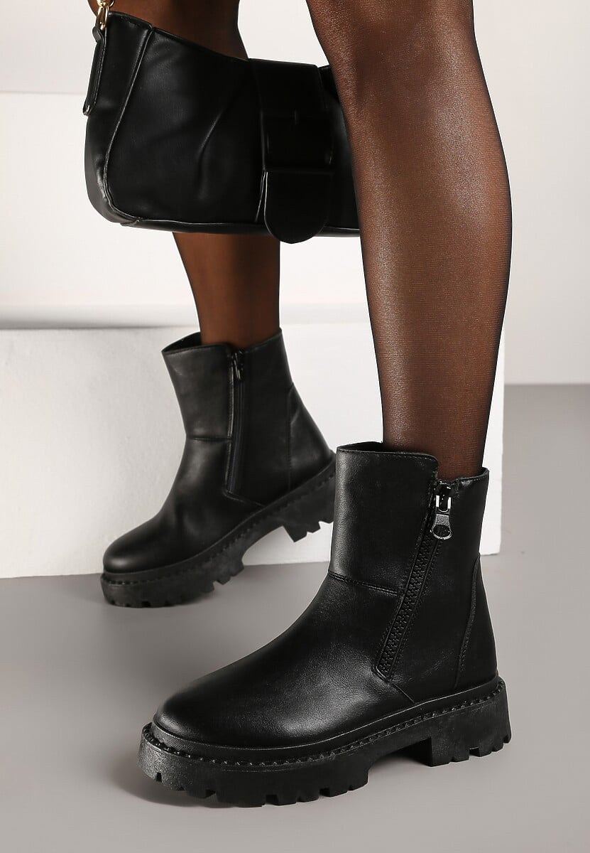 Czarne Botki na Platformie z Ozdobnym Suwakiem z Boku Tarienne