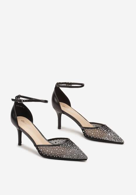 Czarne Eleganckie Czółenka na Szpilce z Cyrkoniami i Paskiem przy Kostce Seriela