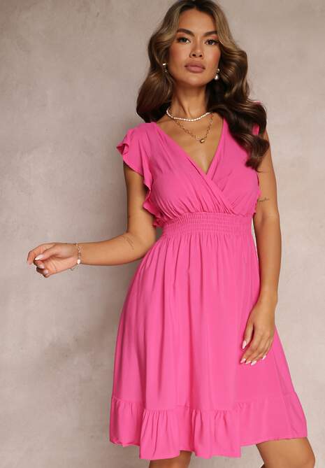Fuksjowa Mini Sukienka z Wiskozy o Rozkloszowanym Fasonie i Kopertowym Dekolcie Lolsa