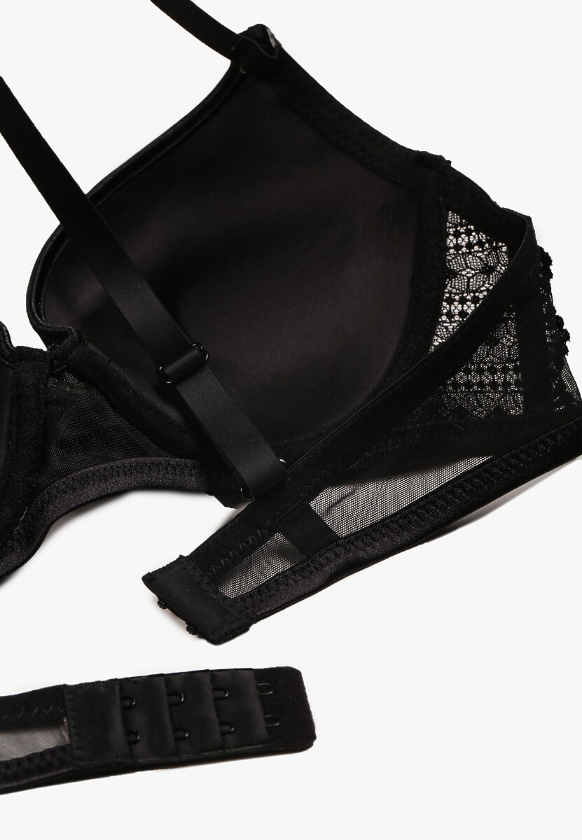 Czarny Biustonosz o Fasonie Push Up Ozdobiony Koronką i Cyrkoniami Topazia