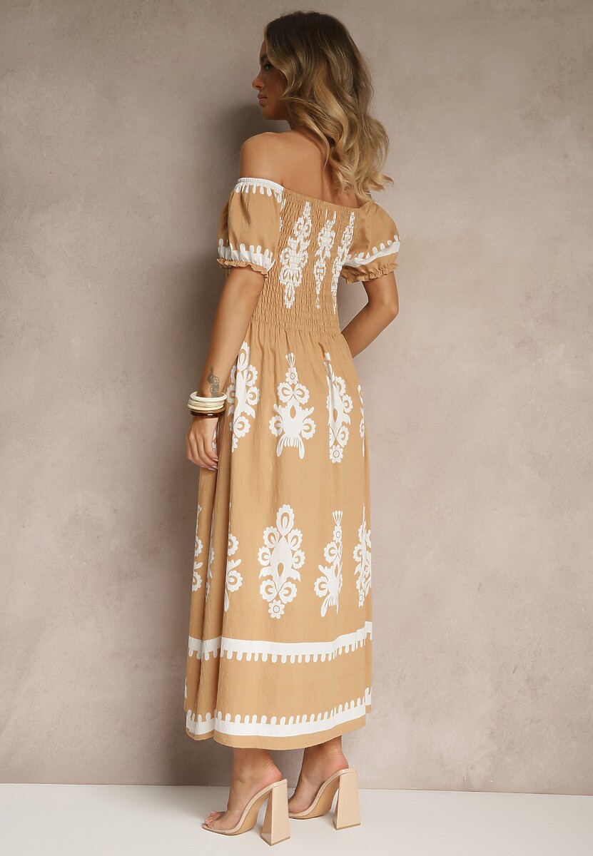 Ciemnobeżowa Sukienka Hiszpanka Ozdobiona Etnicznym Printem Aralette