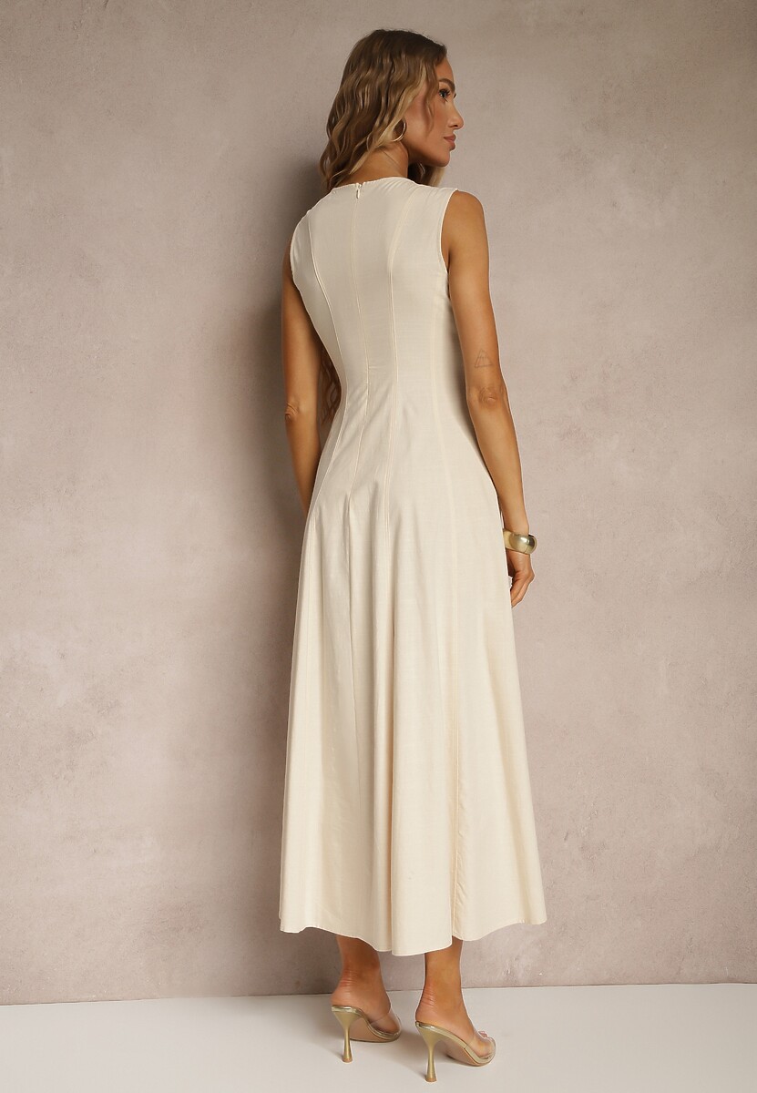 Jasnobeżowa Sukienka Rozkloszowana z Wiskozą Bawełną i Rozcięciem na Nogę Saravisse