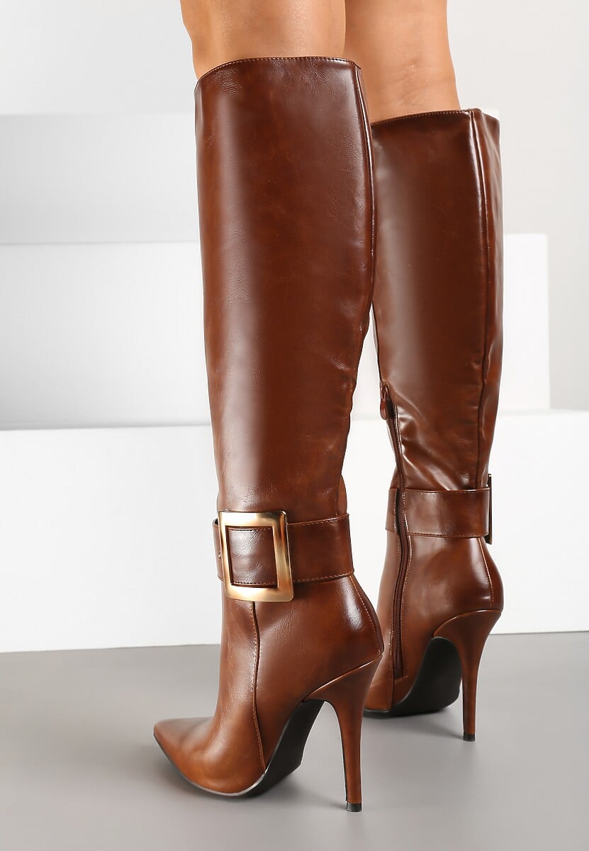 Brązowe Kozaki na Szpilce z Metaliczną Klamrą Evelinna