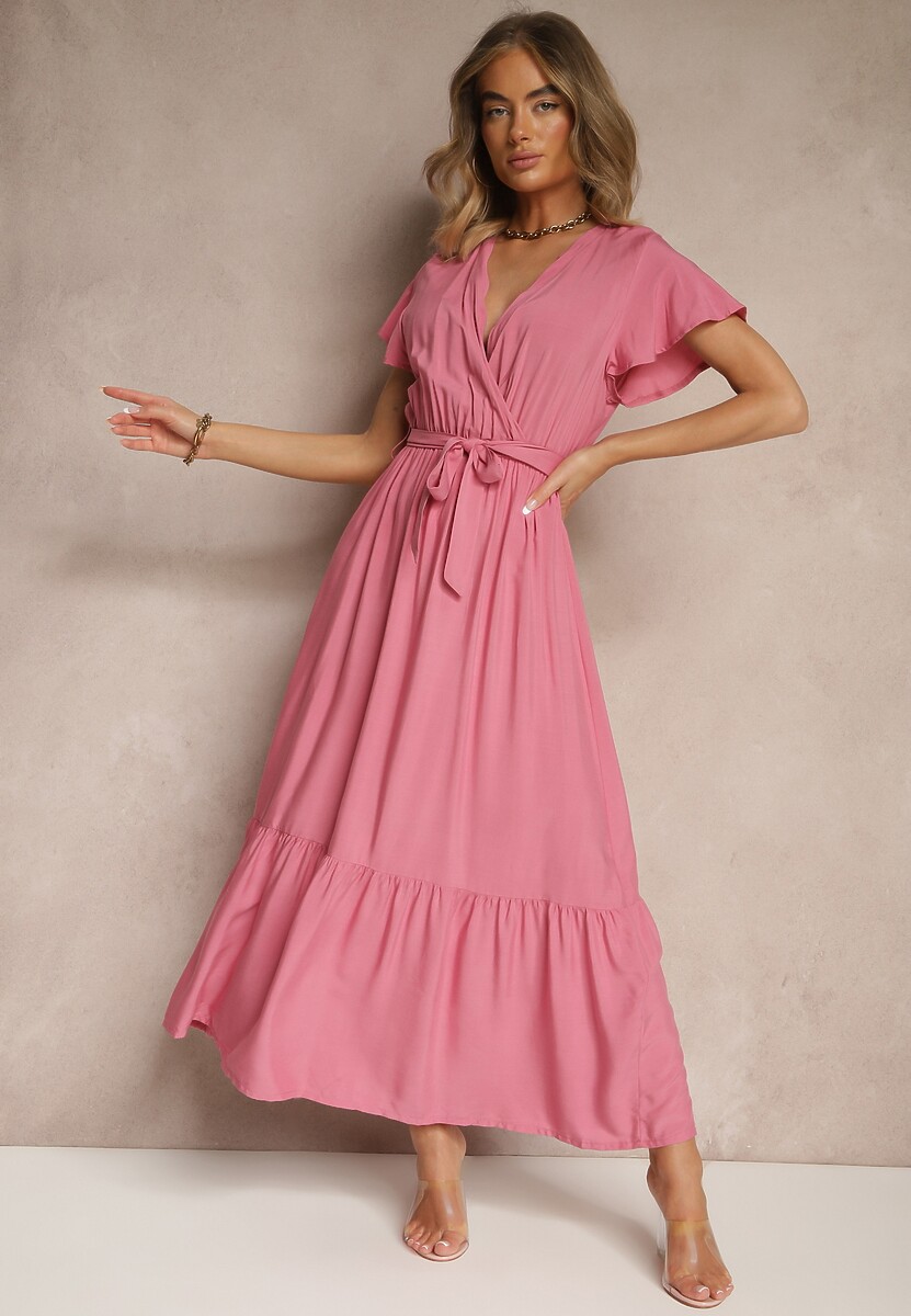 Czarna Kopertowa Sukienka z Wiskozy Ozdobiona Paskiem Savioneira