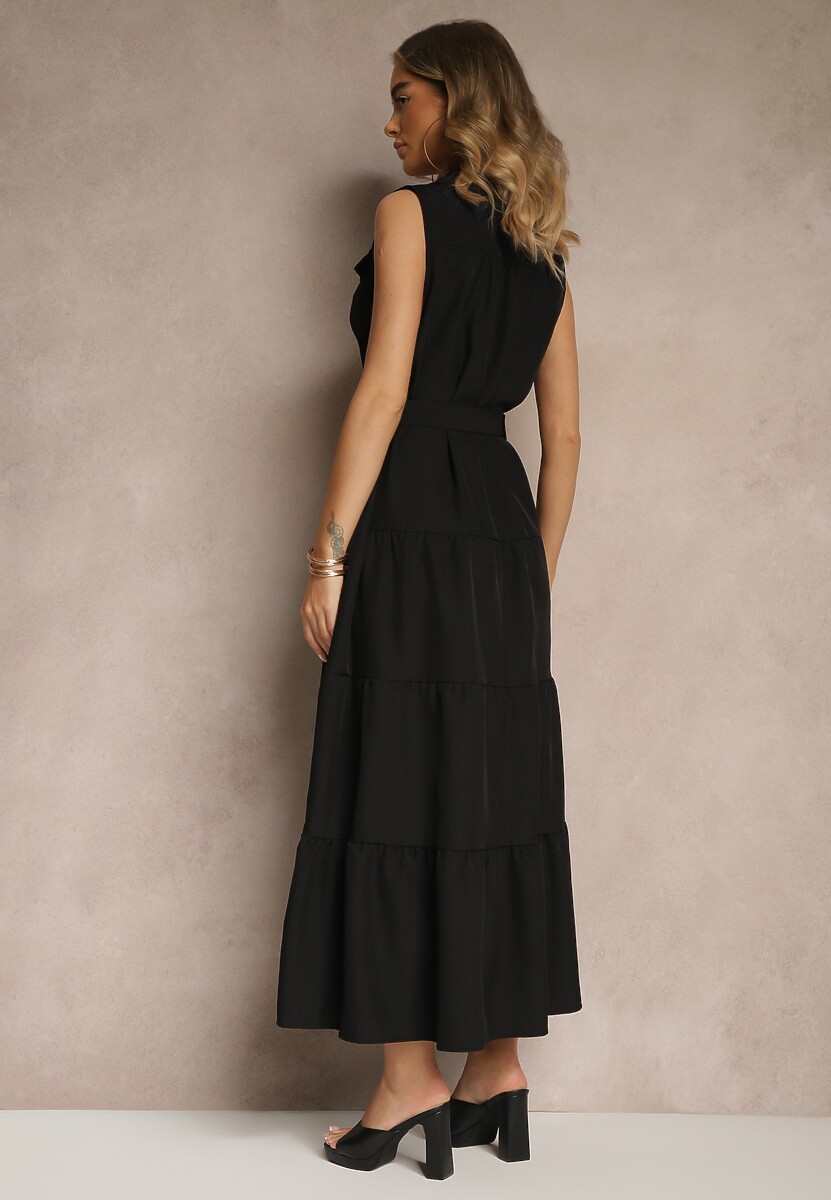 Czarna Sukienka Koszulowa z Ozdobnymi Guzikami i Paskiem Maviosa