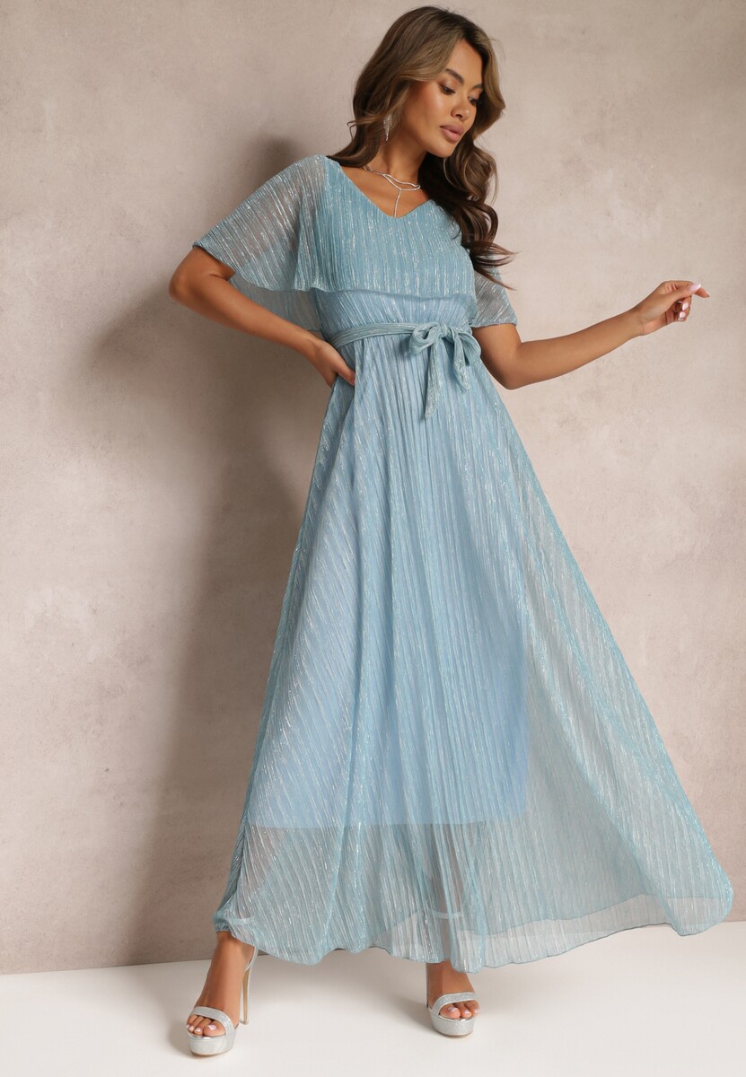 Jasnoniebieska Koktajlowa Sukienka Maxi z Ozdobną Falbaną na Górze Cailey