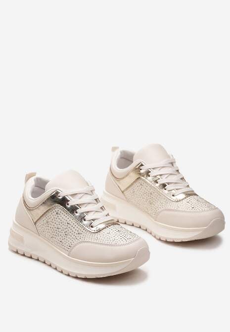 Beżowe Sznurowane Sneakersy z Ekoskóry z Cyrkoniami na Grubej Podeszwie Arpite