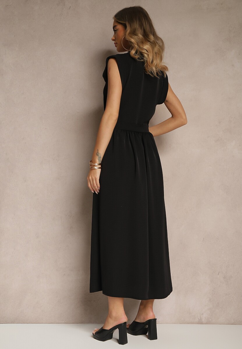 Czarna Sukienka z Paskiem Koszulowa o Rozkloszowanym Fasonie Mavoselle