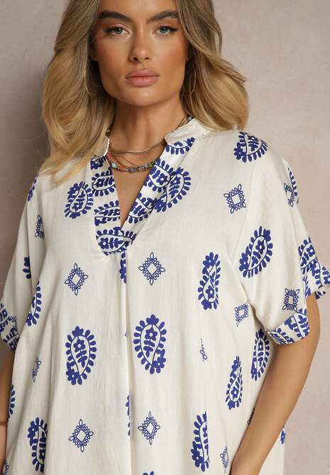 Niebiesko-Kremowa Sukienka z Wiskozy w Stylu Boho o Pudełkowym Kroju z Rozcięciami Virbia