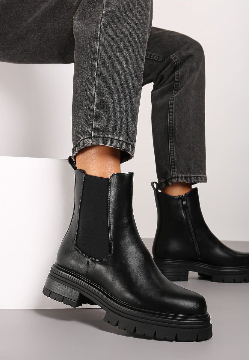 Czarne Botki Sztyblety na Płaskiej Podeszwie z Lekkim Ociepleniem Zetiena