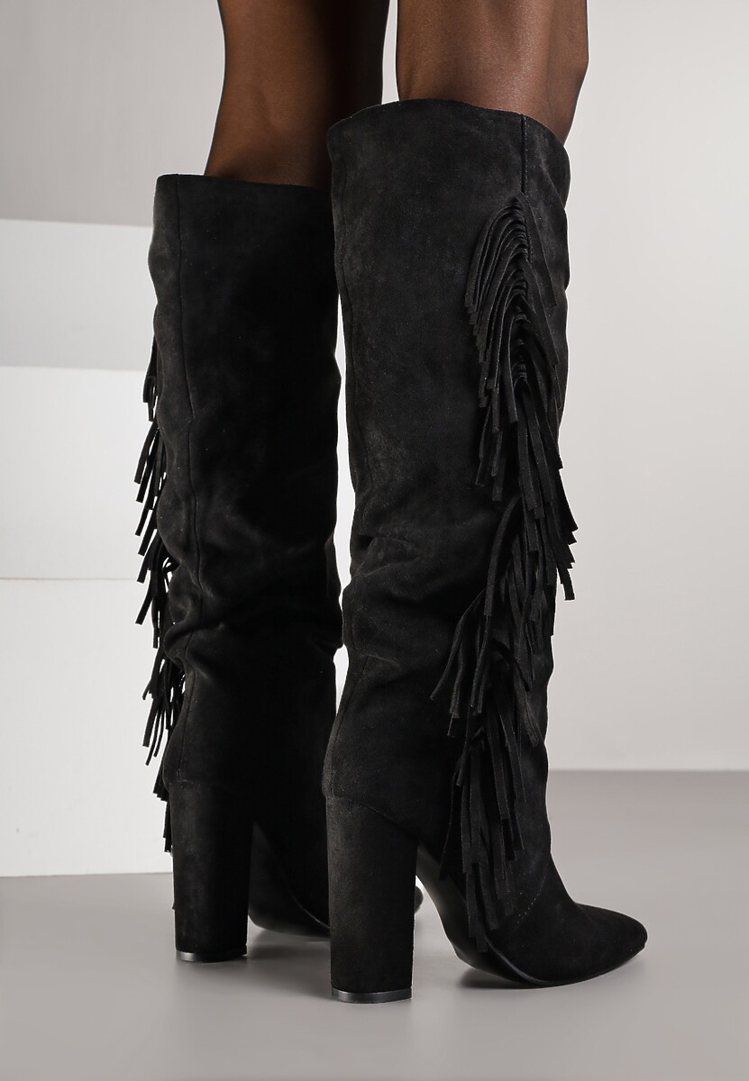 Czarne Kozaki Kowbojki na Słupku z Frędzlami na Cholewce Badina