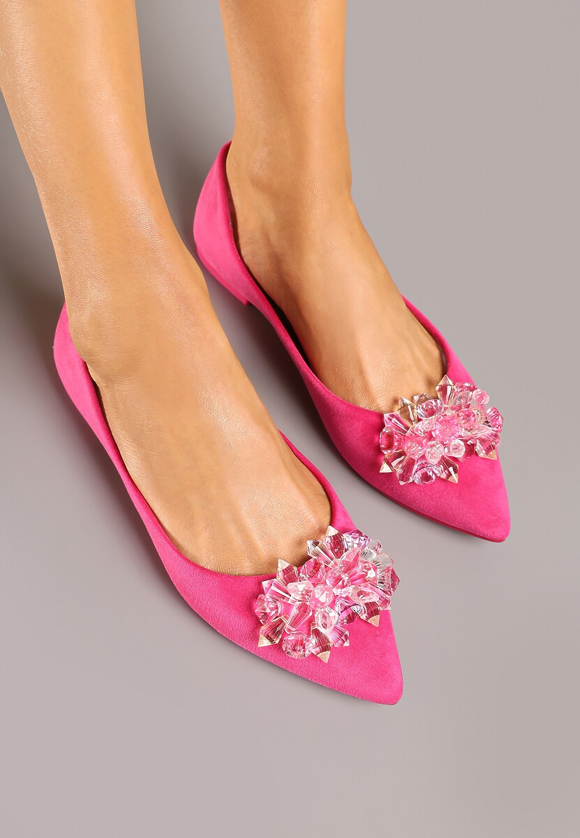 Fuksjowe Balerinki ze Skórzaną Wkładką Ozdobione Kryształkami Vevola