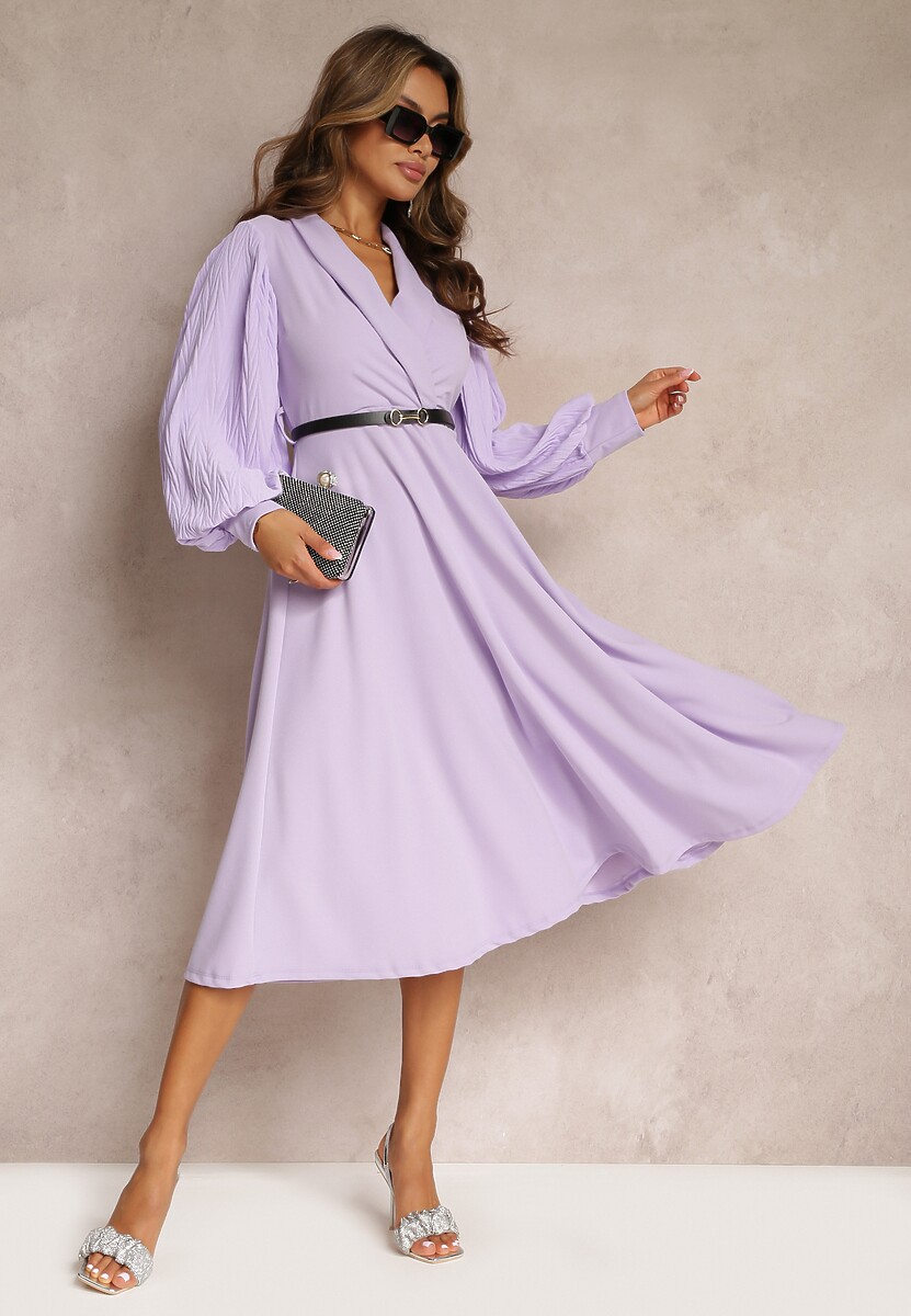 Niebieska Rozkloszowana Sukienka z Paskiem i Długim Rękawem Malaiyah