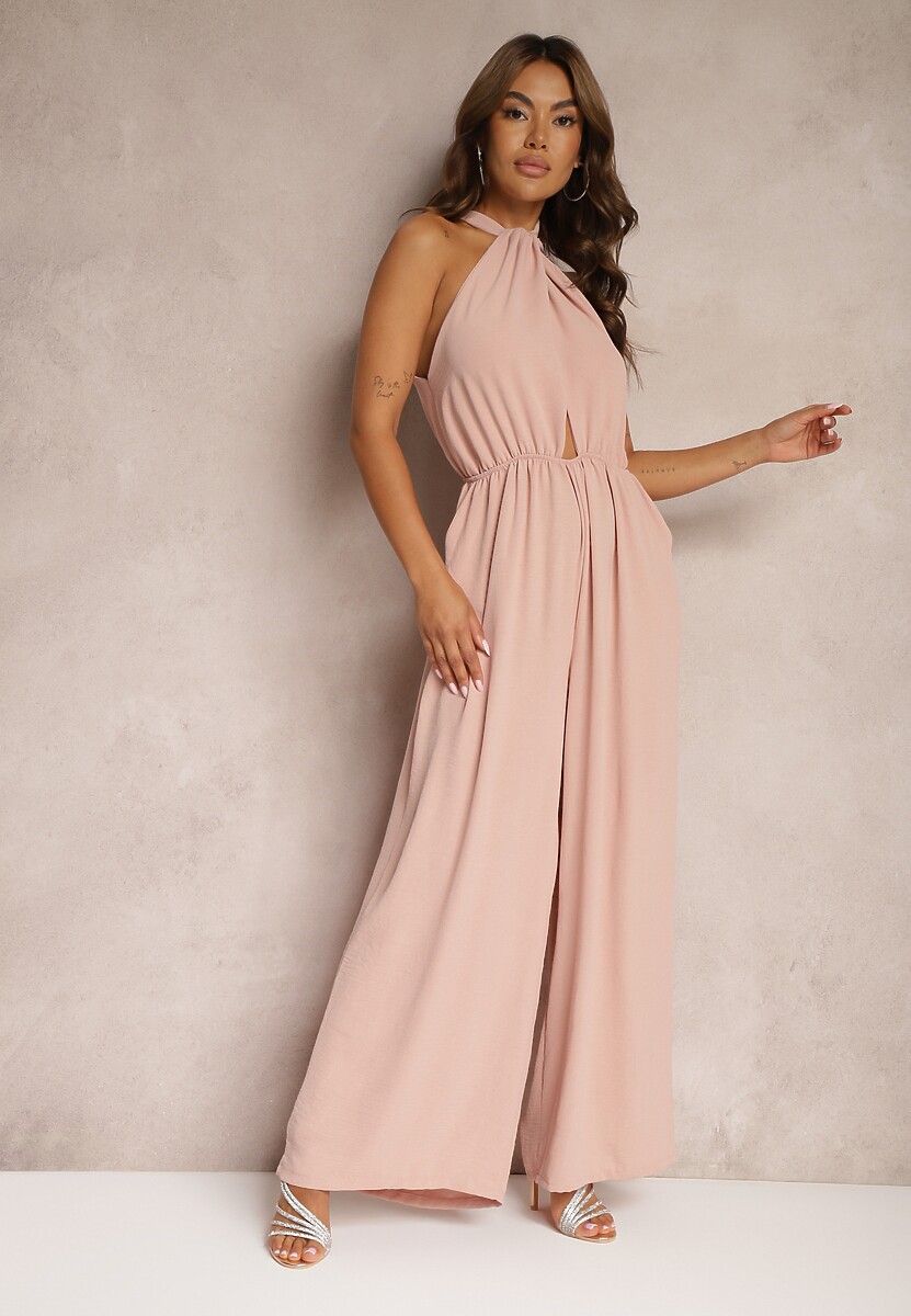 Różowy Taliowany Kombinezon ze Ściągaczem w Talii i Wiązaniem przy Szyi Rivasiris