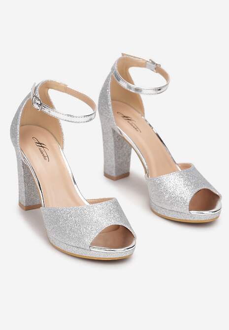 Srebrne Sandały na Słupkowym Obcasie z Brokatem Sconis